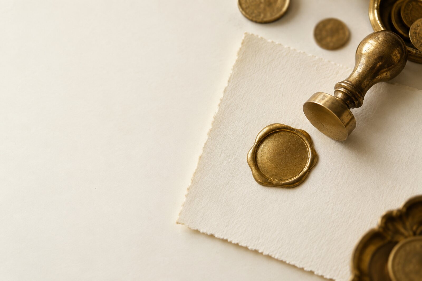 A brass wax-seal stamp and a freshly pressed gold seal on heavy paper